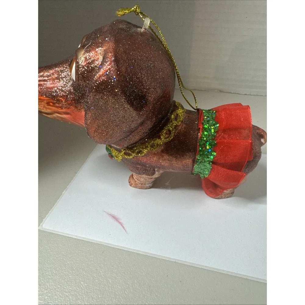 Robert Stanley Vintage Christmas Blown Glass Ornament Brown Dog W Red Tutu